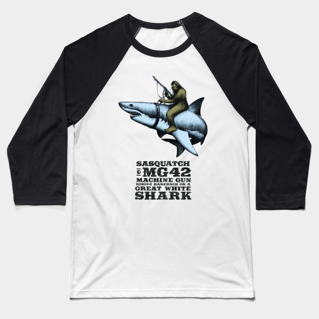 Sasquatch Riding on a Great White Shark Baseball T-Shirt by CatLauncher